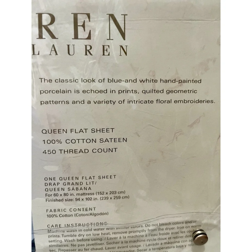 Lauren Ralph Lauren PALM HARBOR Queen Flat Sheet Italy Blue White 450 Thread Ct